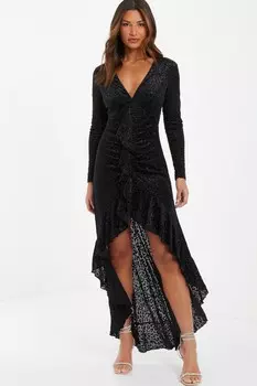 Черное бархатное платье макси с анималистичным принтом и оборками QUIZ Clothing