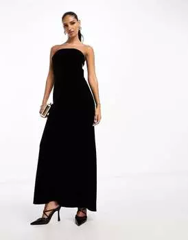 Черное бархатное платье макси с косой полосой ASOS