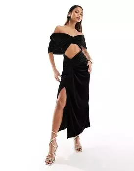 Черное бархатное платье макси с заниженной линией плеча ASOS 2 в 1