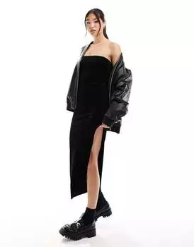 Черное бархатное платье миди-бандо Bershka