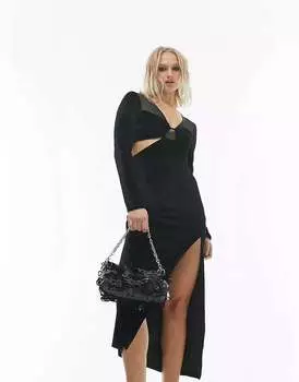 Черное бархатное платье миди с контрастным бралеттом и сетчатым узором Topshop