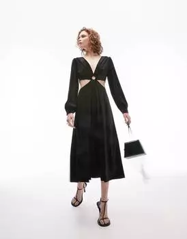 Черное бархатное платье миди с вырезами и кольцами Topshop