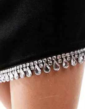 Черное бархатное платье мини с разрезом на шее и стразами ASOS DESIGN Petite