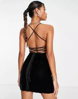 Черное бархатное платье мини со шнуровкой на спине ASOS DESIGN