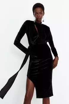 Черное бархатное вечернее платье с драпировкой Trendyol, черный