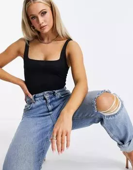 Черное базовое боди с квадратным вырезом Flounce London