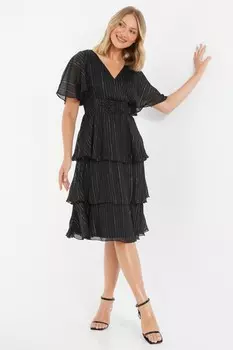 Черное блестящее шифоновое многослойное платье миди QUIZ Clothing