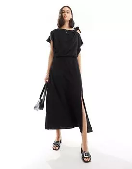 Черное блузонное платье миди с завязками на плечах ASOS DESIGN
