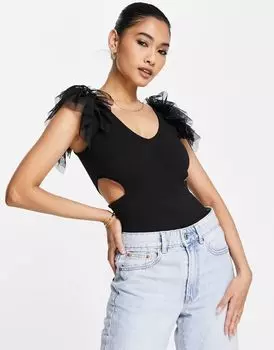 Черное боди из органзы с оборками и вырезами Miss Selfridge