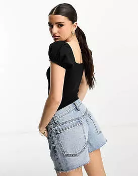 Черное боди из поплина с объемными рукавами New Look