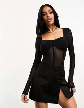 Черное боди из смесовой сетки с корсетной строчкой ASOS DESIGN