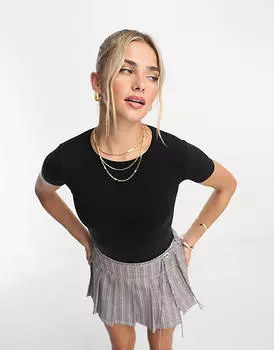 Черное боди из второй кожи с открытой спиной и короткими рукавами Pull&Bear