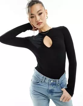 Черное боди с длинными рукавами и каплевидным вырезом ASOS DESIGN