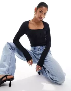 Черное боди с длинными рукавами и сборками на груди ASOS DESIGN
