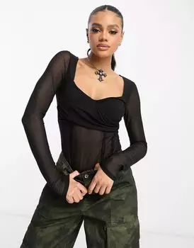 Черное боди с длинными рукавами и сетчатыми вставками ASOS