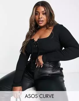Черное боди с длинными рукавами и шнуровкой спереди ASOS DESIGN Curve