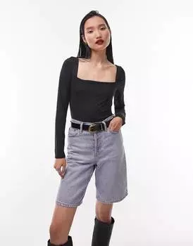 Черное боди с квадратным вырезом и длинными рукавами Topshop