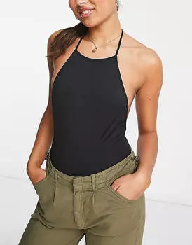 Черное боди с открытой спиной и воротником-борцовкой Pull&Bear