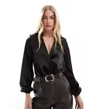 Черное боди с подплечниками и глубоким вырезом ASOS