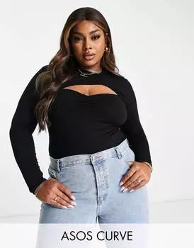 Черное боди с рюшами и вырезами ASOS DESIGN Curve