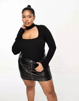 Черное боди с воротником-чокером и длинными рукавами ASOS Curve