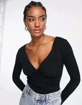Черное боди с запахом и длинными рукавами ASOS