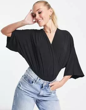 Черное боди с запахом и рукавами ангела ASOS DESIGN