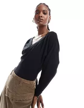 Черное боди в рубчик с длинными рукавами и запахом Free People