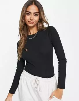 Черное боди в рубчик с круглым вырезом New Look