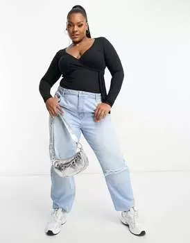 Черное боди в рубчик с запахом и длинными рукавами и воланами London Plus Flounce London