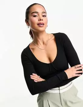 Черное боди в рубчик со швами на груди и длинными рукавами ASOS