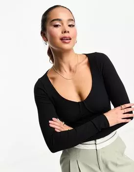 Черное боди в рубчик со швами на груди и длинными рукавами ASOS DESIGN