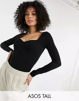 Черное боди в рубчик со швами на груди и длинными рукавами ASOS DESIGN Tall