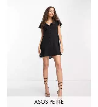 Черное чайное мини-платье с пуговицами и рукавами-крылышками ASOS DESIGN Petite ASOS Petite
