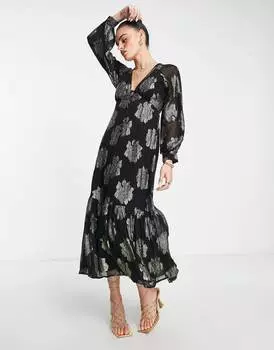 Черное чайное платье макси с металлизированными пуговицами ASOS DESIGN