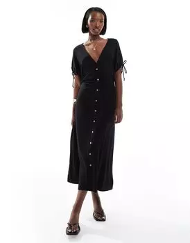Черное чайное платье миди на пуговицах и завязывающимися рукавами ASOS DESIGN