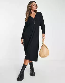 Черное чайное платье миди с длинными рукавами и пуговицами ASOS DESIGN