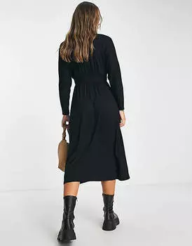 Черное чайное платье миди с длинными рукавами и пуговицами ASOS DESIGN