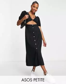 Черное чайное платье миди с короткими рукавами и пуговицами ASOS DESIGN Petite