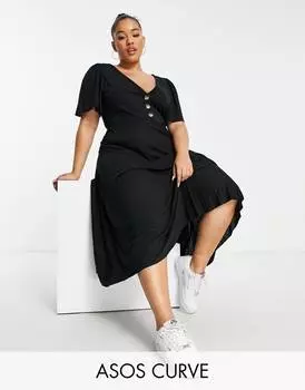 Черное чайное платье миди с плиссированной талией и пуговицами ASOS DESIGN Curve