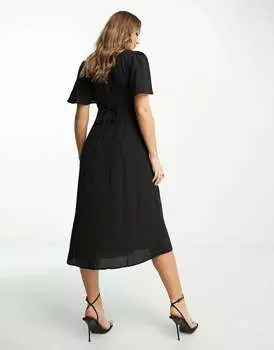 Черное чайное платье миди с пуговицами и завязками на спине ASOS