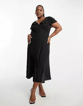Черное чайное платье миди с развевающимися рукавами и пуговицами ASOS DESIGN Curve
