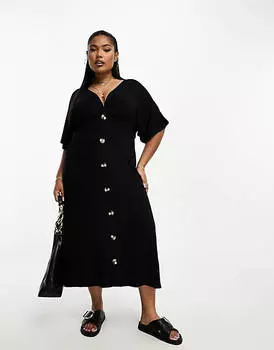Черное чайное платье миди с развевающимися рукавами и пуговицами ASOS DESIGN Curve