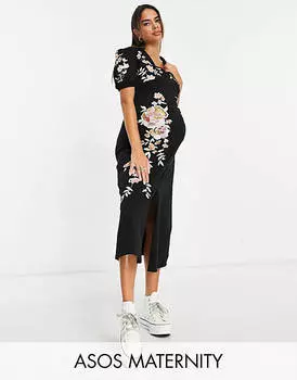 Черное чайное платье миди с воротником и цветочной вышивкой ASOS DESIGN Maternity