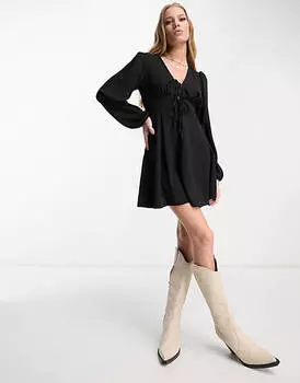 Черное чайное платье мини с длинными рукавами и завязкой спереди ASOS DESIGN