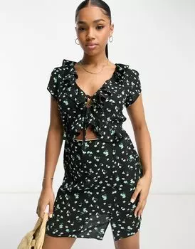 Черное чайное платье мини с лифом и оборками ASOS DESIGN