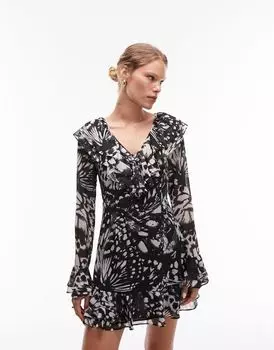 Черное чайное платье мини с оборками и v-образным вырезом Topshop