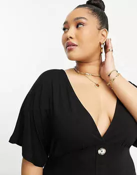 Черное чайное платье мини с пуговицами и развевающимися рукавами ASOS DESIGN Curve