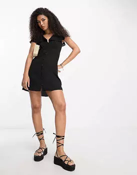 Черное чайное платье мини с пуговицами с развевающимися рукавами ASOS DESIGN