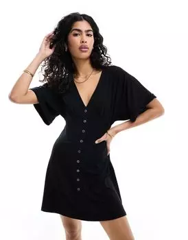 Черное чайное платье мини с закатанными рукавами и пуговицами ASOS DESIGN